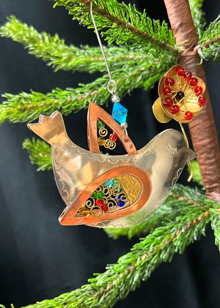 Dove with Poppy Flower Mixed Metal Ornament