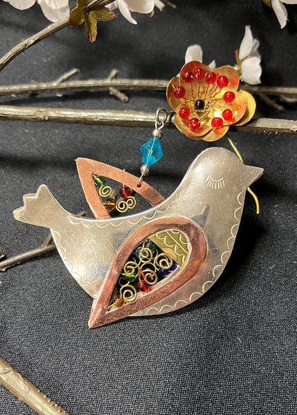 Dove with Poppy Flower Mixed Metal Ornament