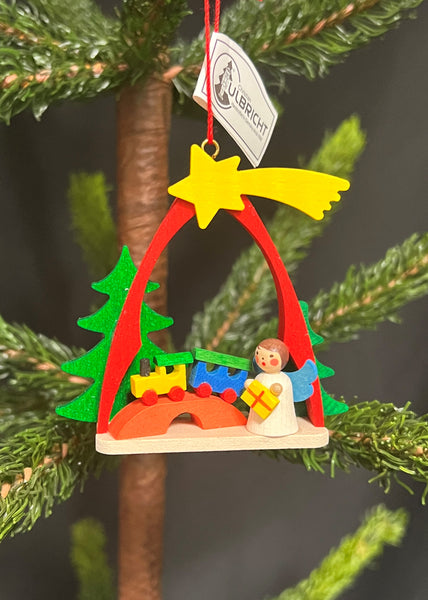 Close up front Angel with Train wood ornament