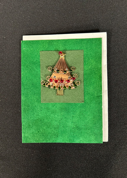 Mixed Metal Present Christmas Tree Brooch Pin with Card