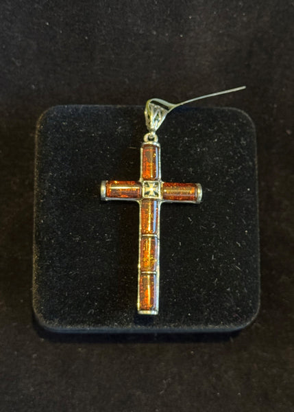 Amber Honey 3D Filigree Cross Pendant