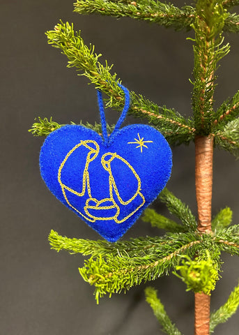 Embroidered Wool Nativity Heart Ornament