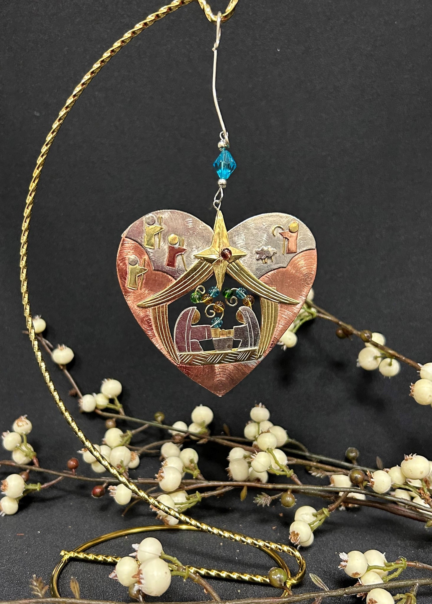 Mixed Metal Heart Nativity Ornament