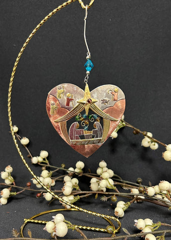 Mixed Metal Heart Nativity Ornament