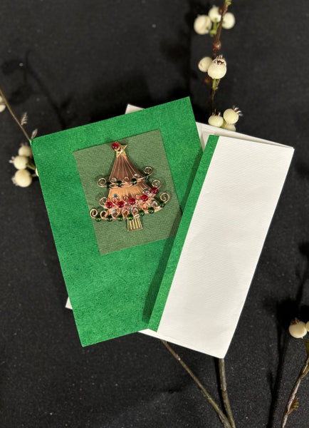 Mixed Metal Present Christmas Tree Brooch Pin with Card