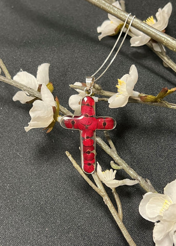 Poppy Flower Sterling Silver Cross Necklace